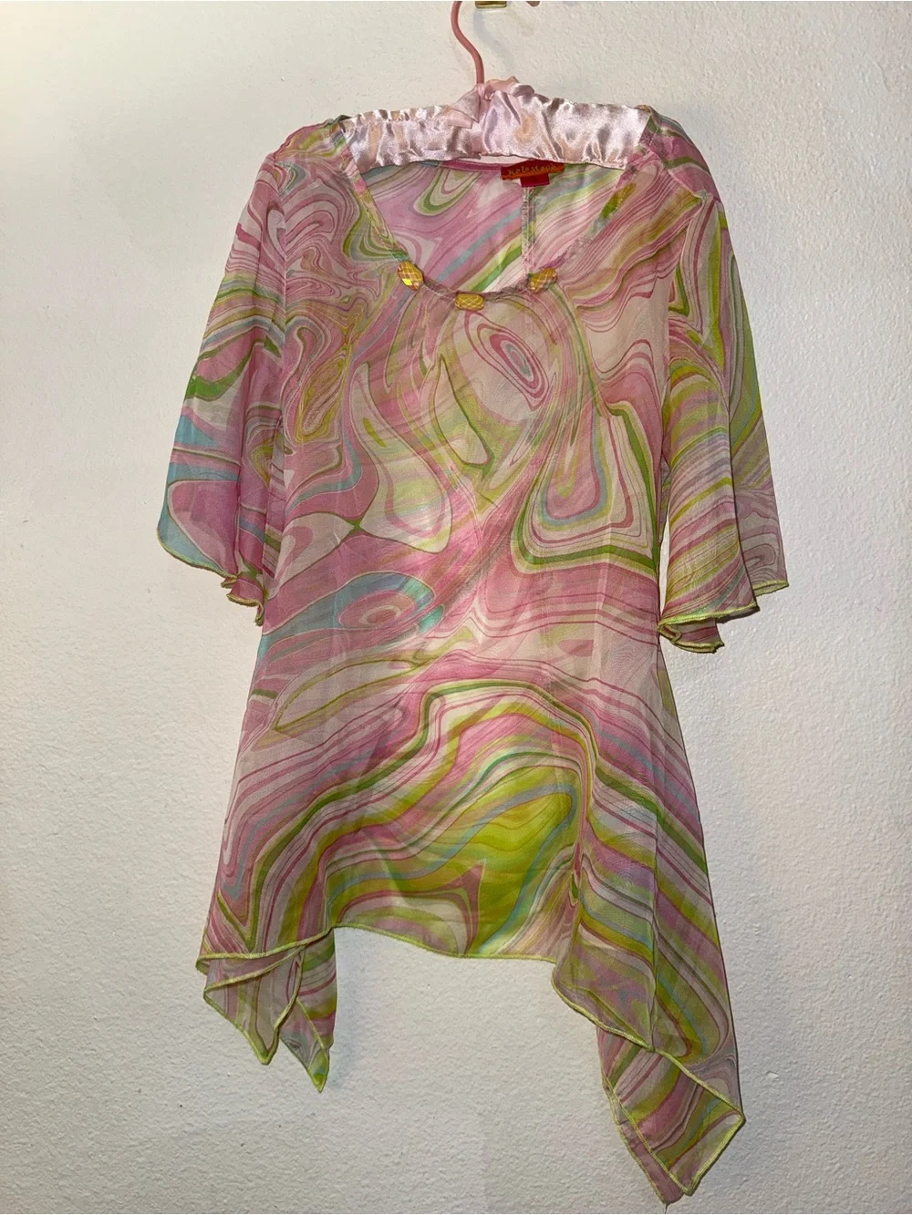 Vintage Kate Mack Girls Pink and Green Swirl Sheer Tunic Dress